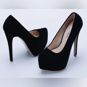 Lux Black Velvet Stiletto Mary Jane Pumps with a slightly tapered toe.